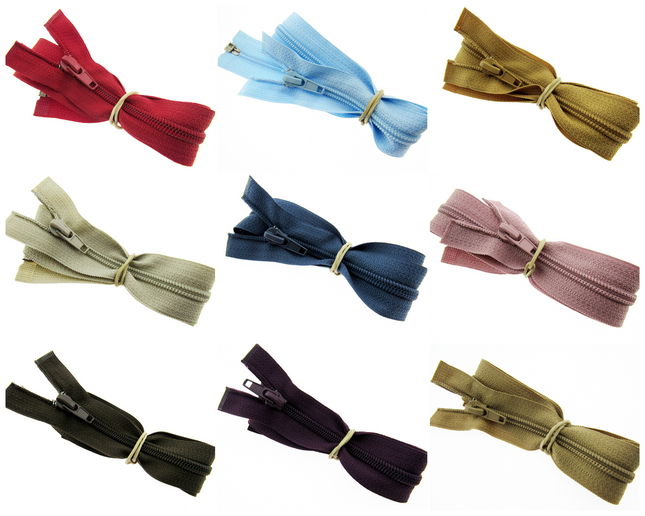 A collection of 19 inch nylon open end zips in various colors including red, blue, green, beige, pink, purple, brown, black, and gray.
