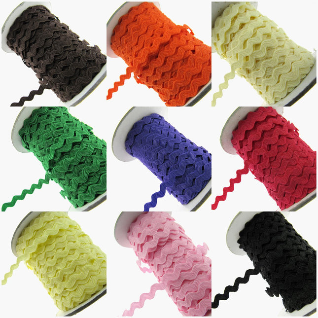 A collection of Ric Rac Ribbon Trimming Braids in various colors displayed on white spools.