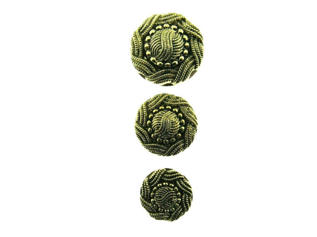 Three round antique gold turks head buttons with shank closure, displayed against a white background.