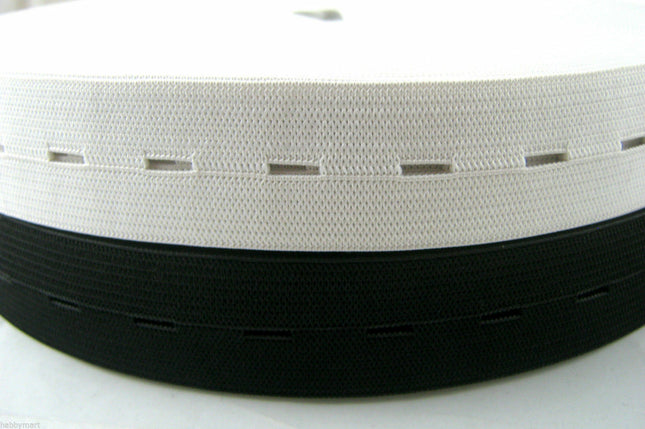 Buttonhole Elastic Available in 16mm, 19mm, 25mm Black / White - New Lower Price - ThreadandTrimmings