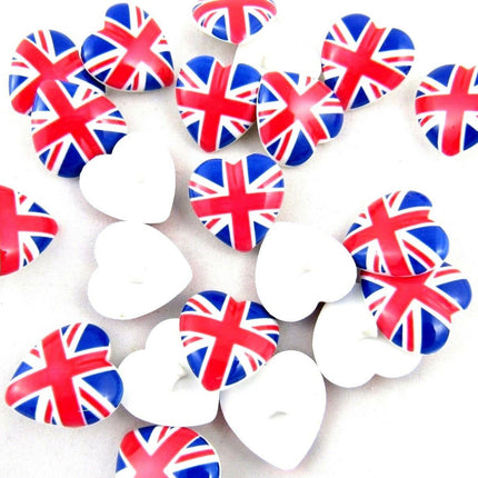 23mm UK Heart Buttons with Shank - Union Jack Heart Buttons - ThreadandTrimmings