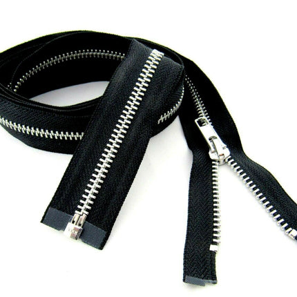 An extra long metal open-ended separating zipper, displayed in black color.