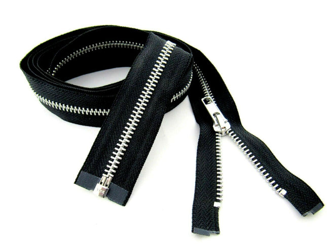 An extra long metal open-ended separating zipper, displayed in black color.