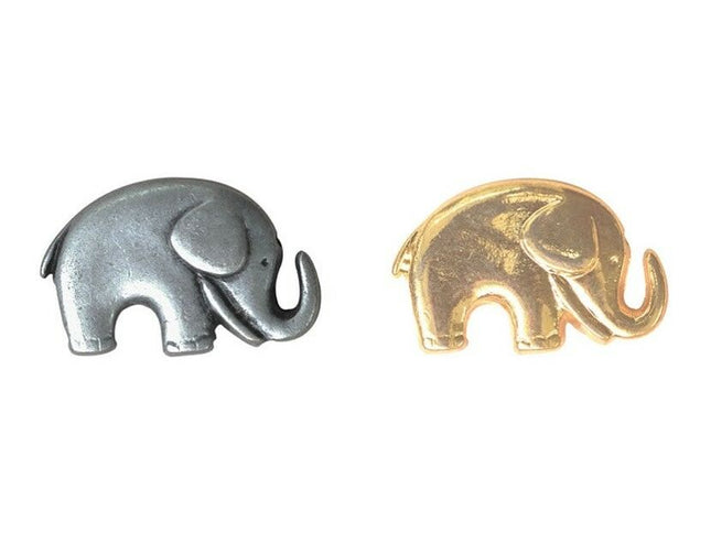 Two metal elephant buttons, one in silver and one in gold color, against a white background.
