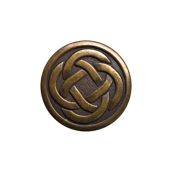 A single oxidised bronze metal button with a Celtic knot design and a shank closure.