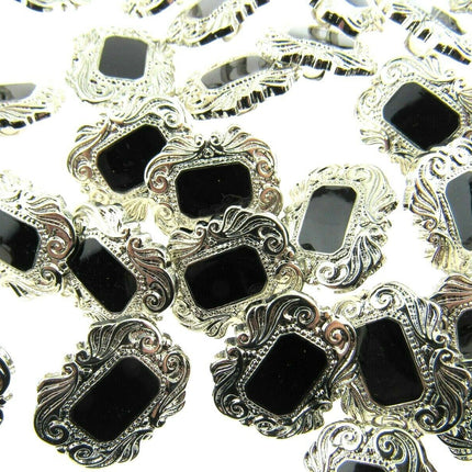 Oblong Plastic Silver Shank Buttons with Black Shiny Centre Art Deco Style CX17