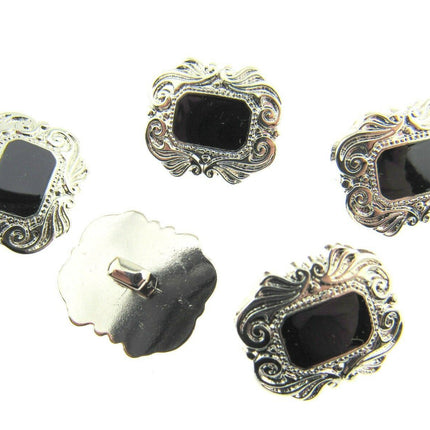 Oblong Plastic Silver Shank Buttons with Black Shiny Centre Art Deco Style CX17
