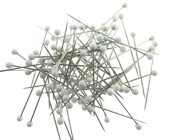 White Glass Headed Pins -Won't Melt if Iron Over Them - 32mm 80 Pins JTL056 - ThreadandTrimmings