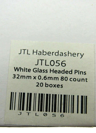 White Glass Headed Pins -Won't Melt if Iron Over Them - 32mm 80 Pins JTL056 - ThreadandTrimmings