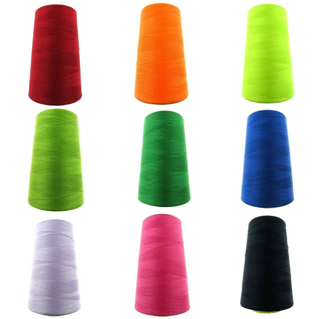 An assortment of Polyester Sewing Thread made up on  5000 Yard Cobs available in 53 Colours on a white background