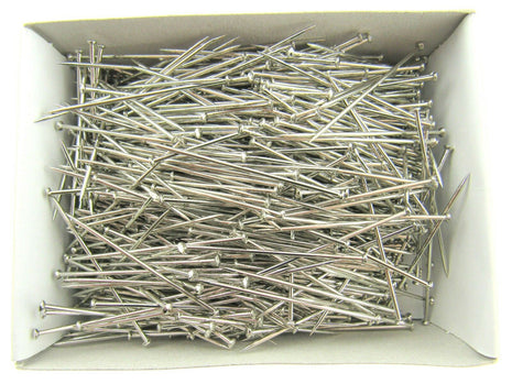 A box filled with nickel plated pins, approximately 1000 pins, displayed in araft box.