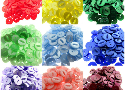 An assortment of Round Fish Eye Buttons in various solid colors displayed in separate piles.