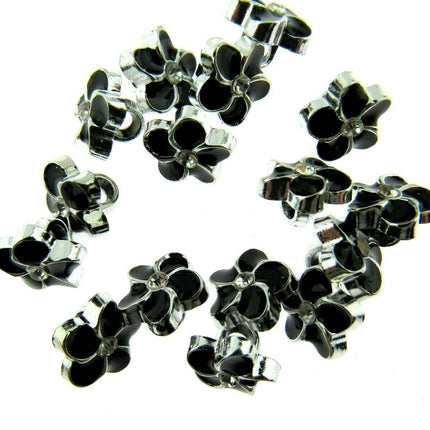 11mm PLASTIC BLACK FLOWER MICRO BUTTONS WITH SILVER COLOURED EDGE and SHANK - ThreadandTrimmings