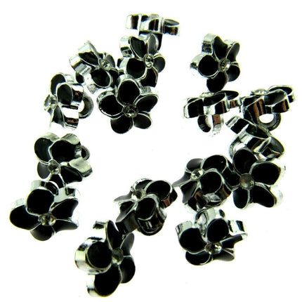 11mm PLASTIC BLACK FLOWER MICRO BUTTONS WITH SILVER COLOURED EDGE and SHANK - ThreadandTrimmings