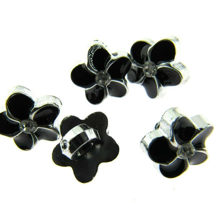 11mm PLASTIC BLACK FLOWER MICRO BUTTONS WITH SILVER COLOURED EDGE and SHANK - ThreadandTrimmings