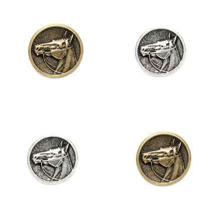 A set of four round metal horse buttons in antique brass and silver colors, displayed side by side.