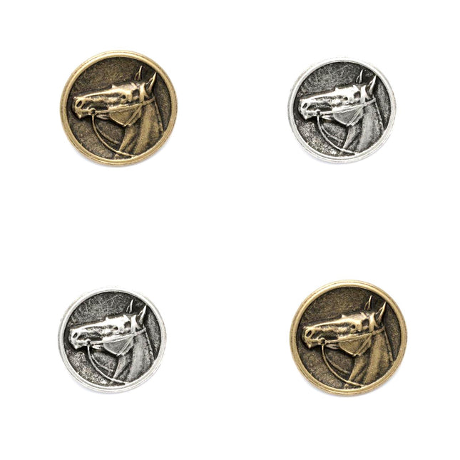 A set of four round metal horse buttons in antique brass and silver colors, displayed side by side.