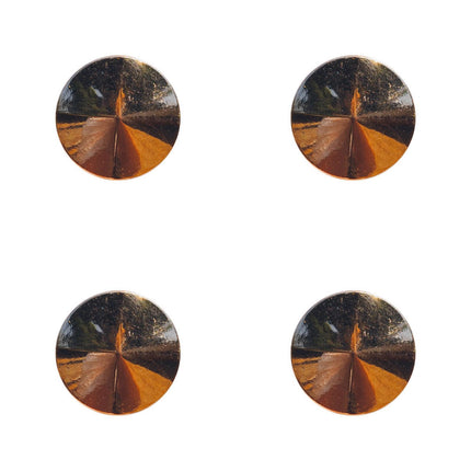 Four rose gold metal beveled buttons of two different sizes, with a shank hole visible.