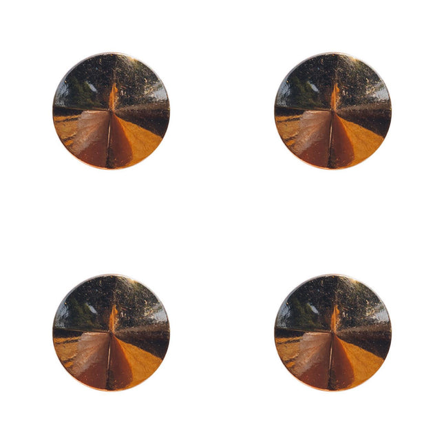 Four rose gold metal beveled buttons of two different sizes, with a shank hole visible.