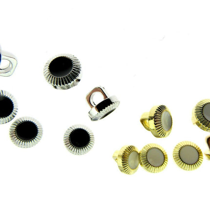 10mm PLASTIC DRESS SHIRT BUTTONS GOLD/WHITE & SILVER/BLACK P131 - ThreadandTrimmings