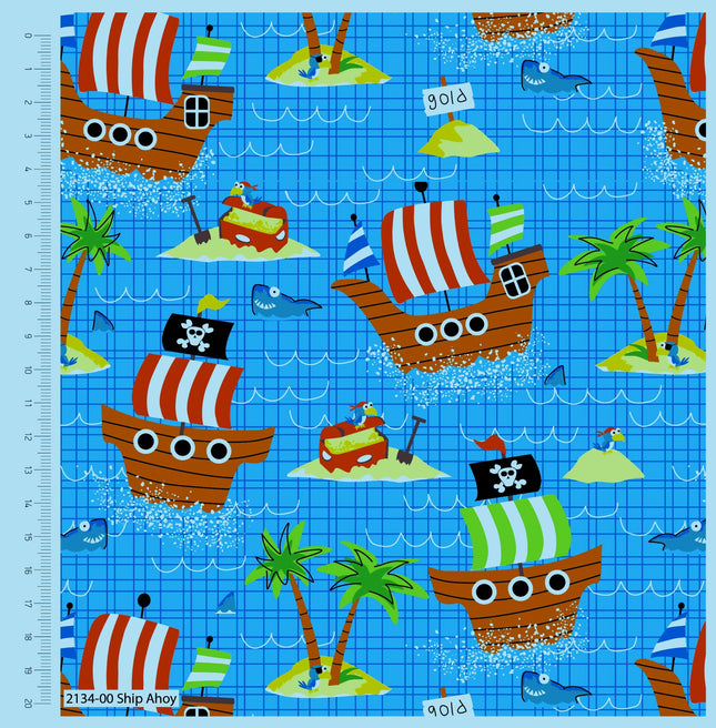 Turquiose Cotton Fabric with Pirate Ship Treasure Island Theme 100% Cotton