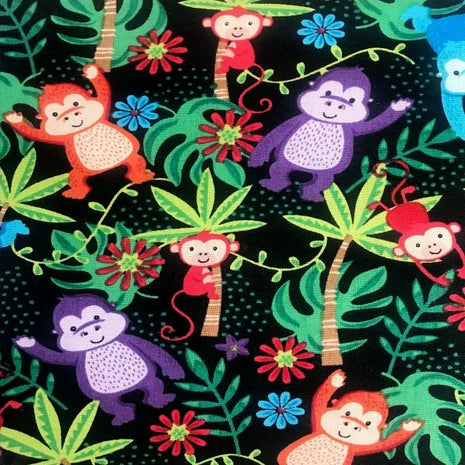 Black Cotton Fabric Print With Children's Gorilla Theme - 100% Cotton -2472-01