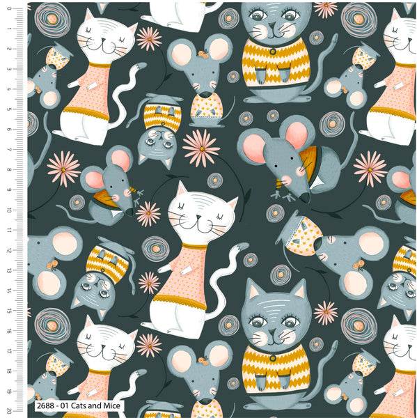 Grey Cotton Fabric with Kitty Garden Cats & Mice Prnted Theme 100% Cotton