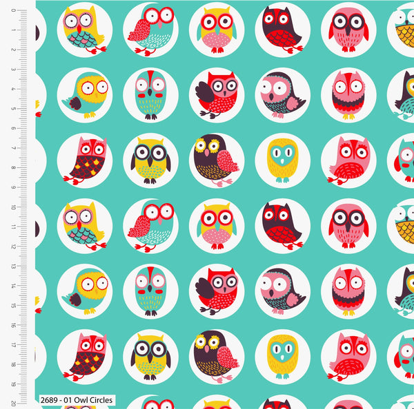 Light Turquoise Cotton Fabric with Printed Happy Owls Fabric -100% Cotton Fabric