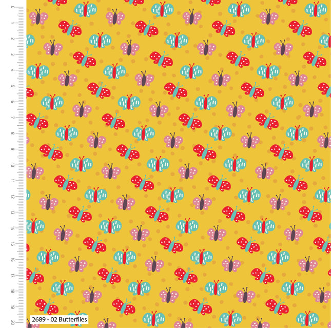 Yellow Cotton Fabric with Colourful Butterfly Printed Theme 100% Cotton - ThreadandTrimmings