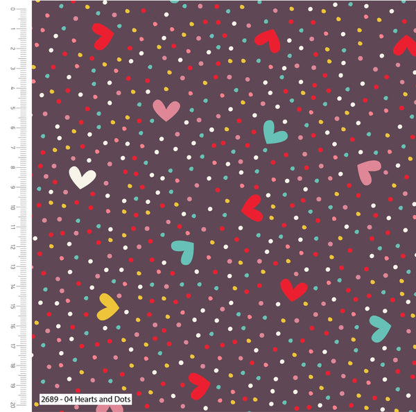 Dark Aubergine Cotton Fabric with Colourful Printed Hearts & Dots Theme Quilting