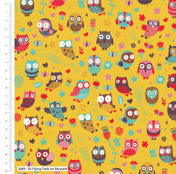 Yellow Cotton Fabric with Colourful Flying Owls Theme 100% Cotton Fabric Print