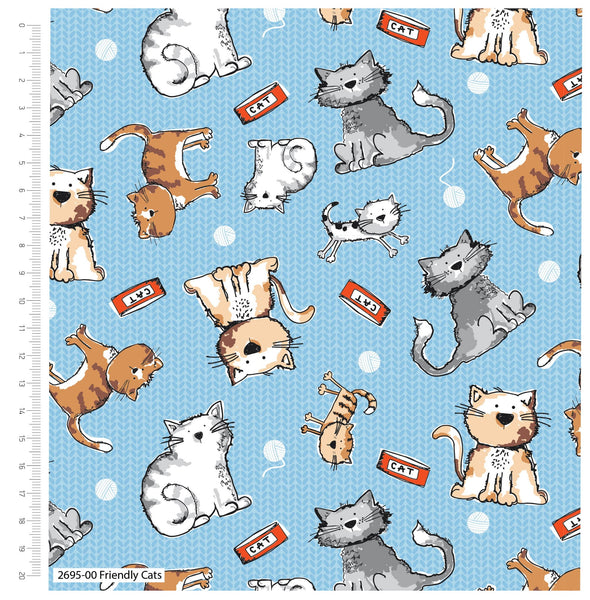 Pale Blue Freindly Cats Childrens 100% Coton Fabric - Half Meter - Tom Cat