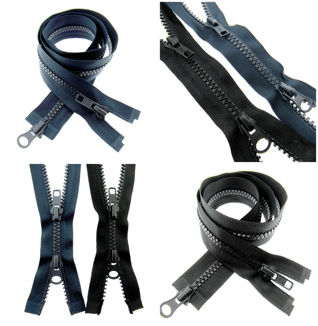 No5 chunky plastic two way open end zips in black and navy colors close up, Dual slider separating plastic zipper showing top and bottom opening function, Heavy duty chunky molded plastic zip for winter jackets and coats