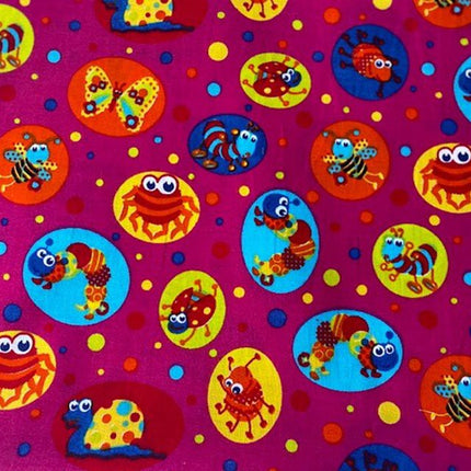 Bright Cotton Cerise Fabric with Funky Bugs Children's Theme Half Meter 56" Wide