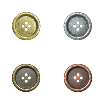 An assortment of 4 hole metal buttons in gold, silver, bronze, and antique brass colors, displayed in two rows with the top row buttons being smaller than those in the bottom row.