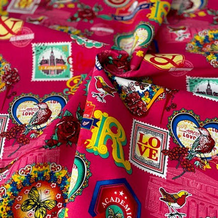 Bright Cotton Cerise Fabric with Love London Theme - 100% Cotton Fabric 56" Wide - ThreadandTrimmings