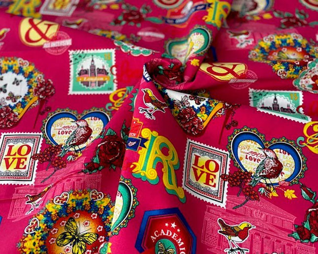 Bright Cotton Cerise Fabric with Love London Theme - 100% Cotton Fabric 56" Wide - ThreadandTrimmings