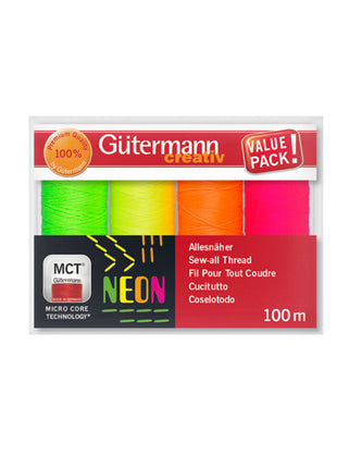 Gutermann Neon Thread Set - 4 x Bobbins of Neon Colours Sew All 100m Reels - ThreadandTrimmings