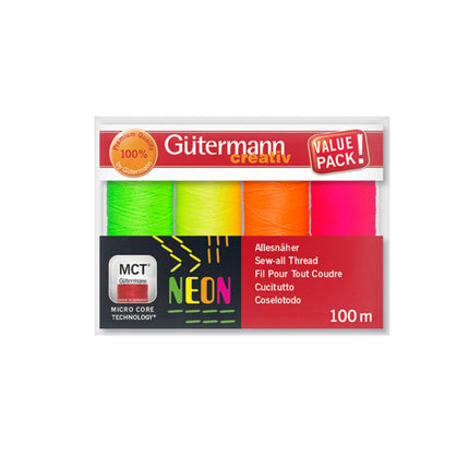 Gutermann Neon Thread Set - 4 x Bobbins of Neon Colours Sew All 100m Reels - ThreadandTrimmings