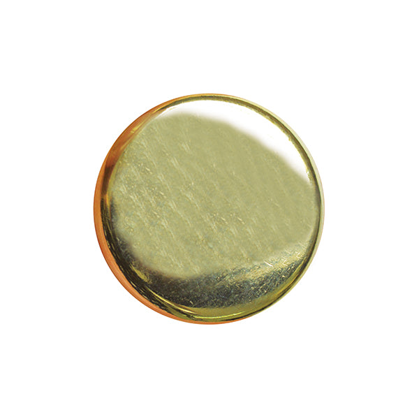 A single round polished gold metal blazer button with shank on a white background.