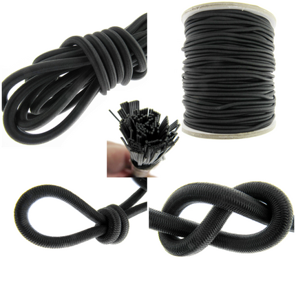 A collection of images showing black round bungee elastic shock cord in various states, including coiled, tied in a knot, and in a roll, against a white background.