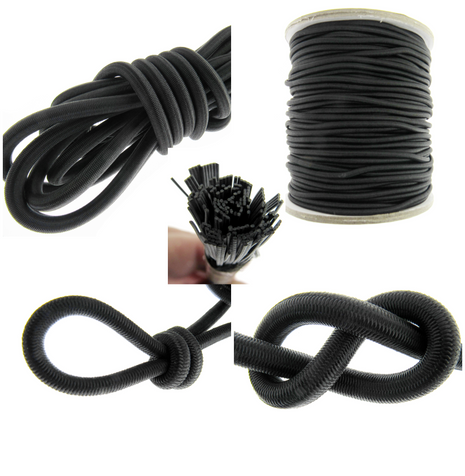 A collection of images showing black round bungee elastic shock cord in various states, including coiled, tied in a knot, and in a roll, against a white background.