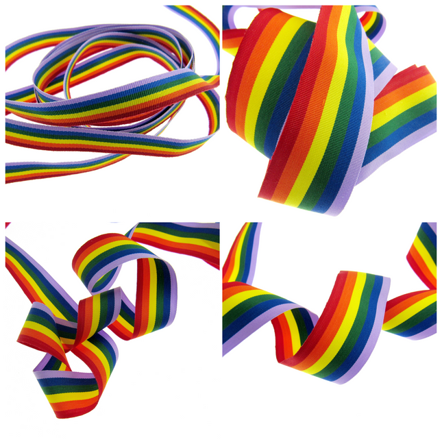 Collage of Gay Pride Rainbow Ribbons in various widths displayed on a white background.