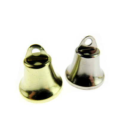 Two decorative jingle bells, one in gold color and the other in silver, with a metallic finish.