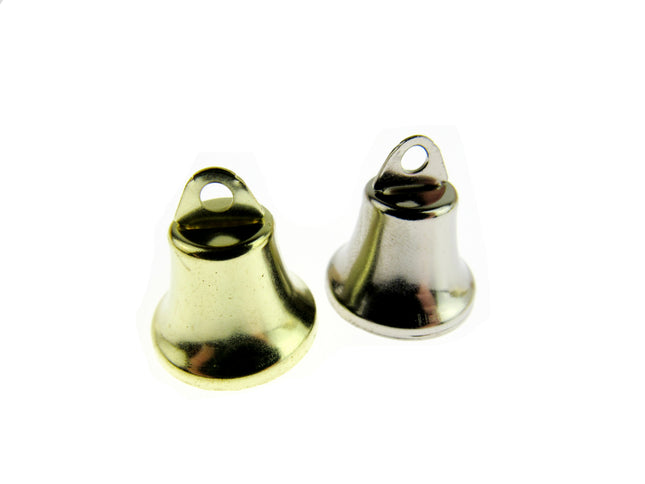 Two decorative jingle bells, one in gold color and the other in silver, with a metallic finish.