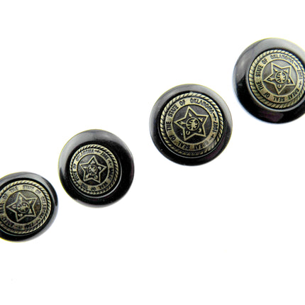 A set of black, pentagon-shaped buttons with star designs and wire shanks for leather jackets and coats.