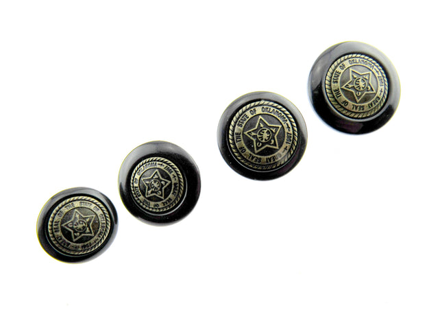 A set of black, pentagon-shaped buttons with star designs and wire shanks for leather jackets and coats.