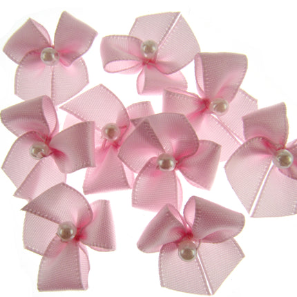 Mini Satin Ribbon Bows with Single Pearl - Choose From 20+ Colours - 22mm x 26mm - ThreadandTrimmings