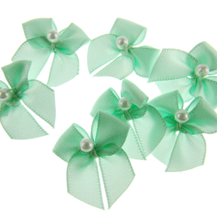 Mini Satin Ribbon Bows with Single Pearl - Choose From 20+ Colours - 22mm x 26mm - ThreadandTrimmings