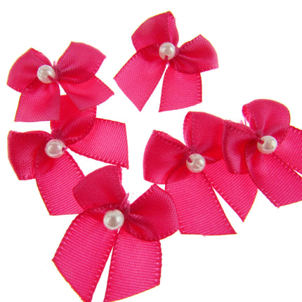 Mini Satin Ribbon Bows with Single Pearl - Choose From 20+ Colours - 22mm x 26mm - ThreadandTrimmings